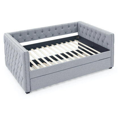 Daybed with Trundle Upholstered Tufted Sofa Bed With Button and Copper Nail on Square Arms Full Daybed and Twin Trundle