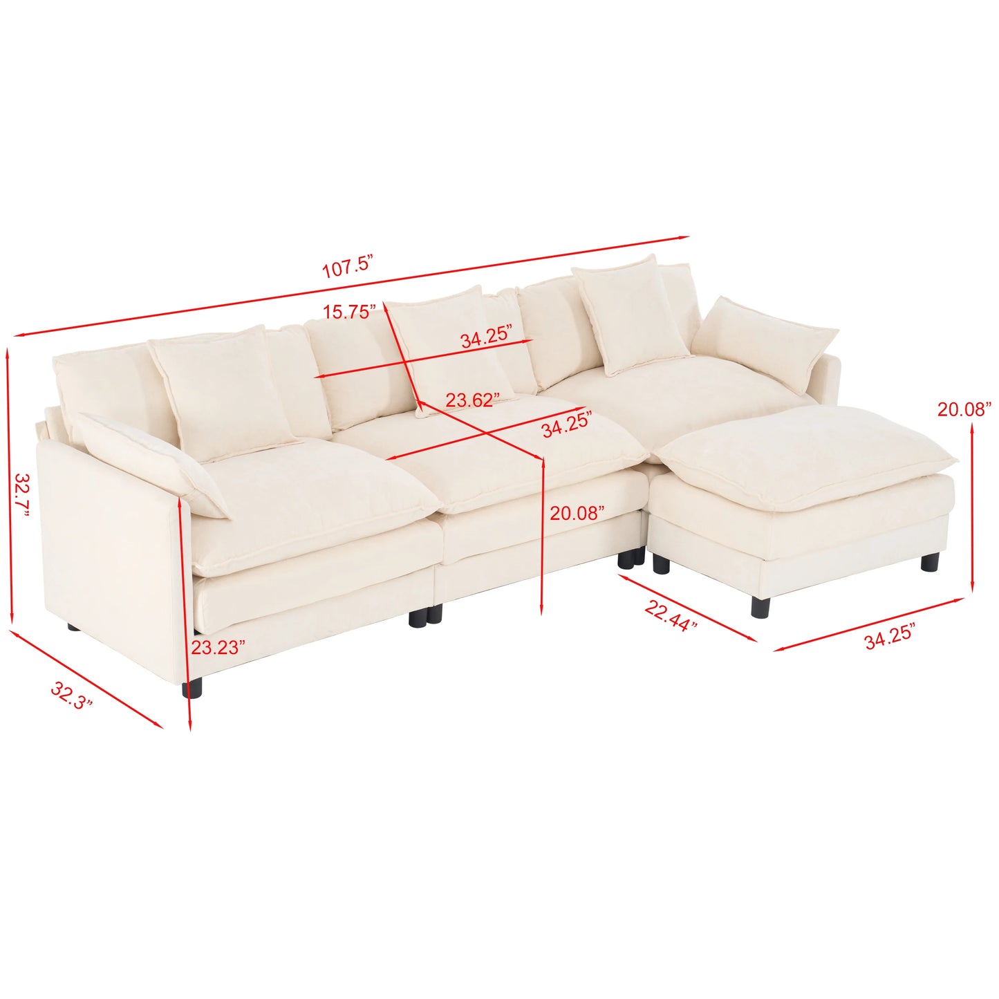 108" L-Shaped Modular Sectional Sofa with Ottoman 4-Seat Chenille Deep Seat Cloud Design for Living Room Bedroom Apartment