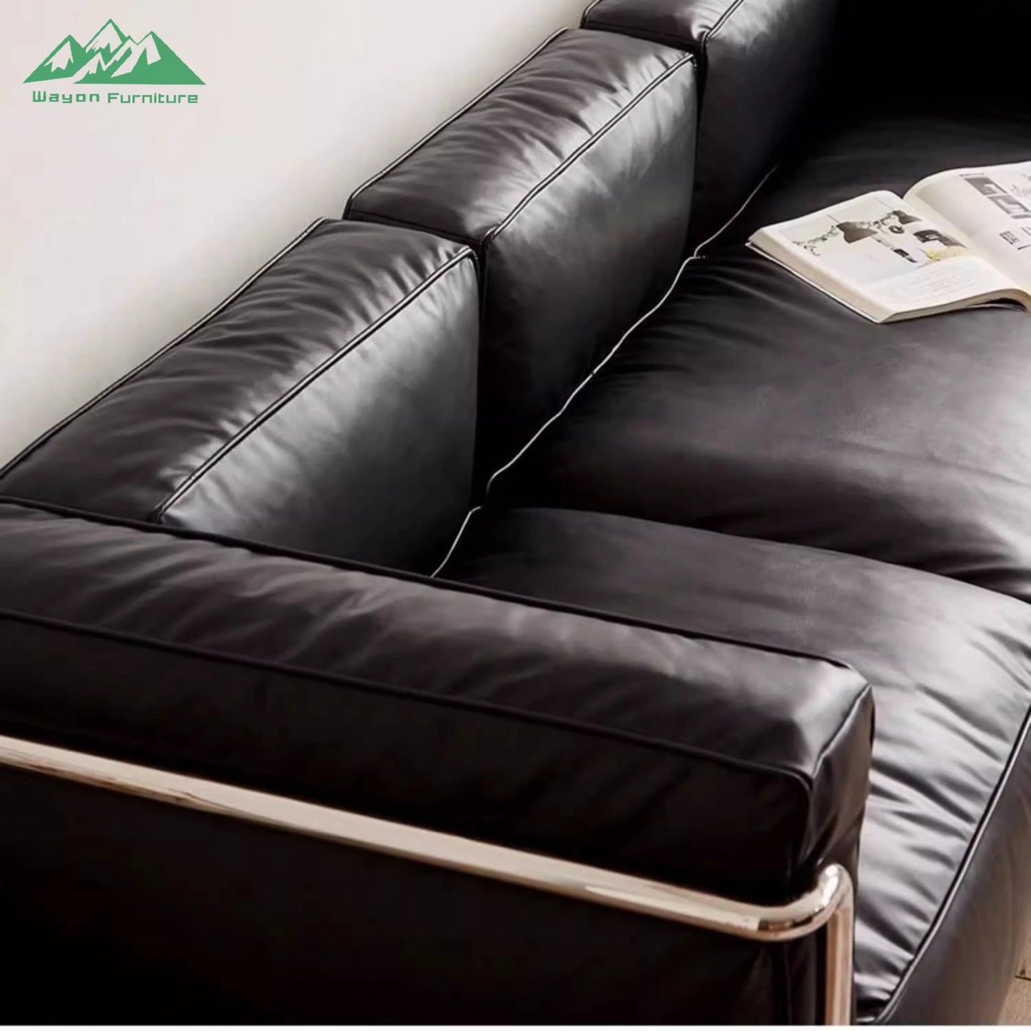 Wayon  Modern Black Leather Sofa Set Foam Filled with Silver Metal Frame 4-Seater for Living Room Luxury