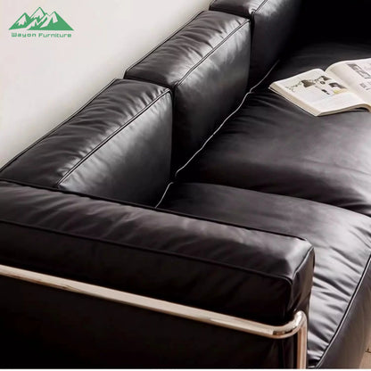 Wayon  Modern Black Leather Sofa Set Foam Filled with Silver Metal Frame 4-Seater for Living Room Luxury