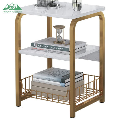 Wayon Ergonomic Side Sofa Table with Integrated Wire Basket Functional Coffee Table for Small Space