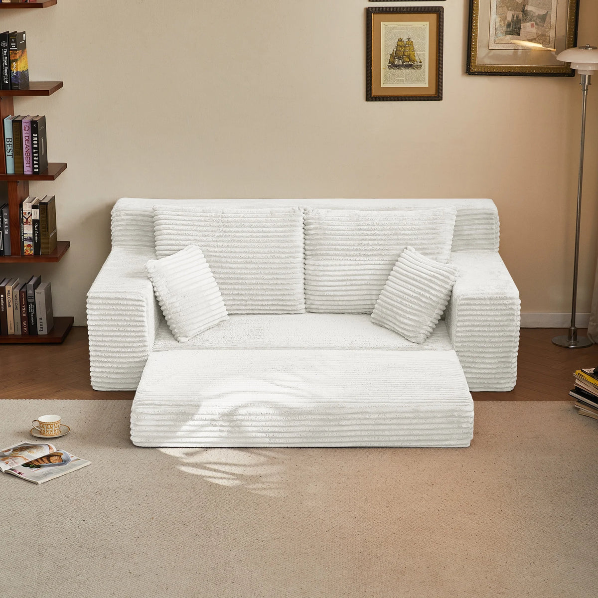 Modern Modular Loveseat Sofa Bed Convertible 2-in-1 Square Upholstered Durable Corduroy Fabric High-Density Foam Apartment Villa