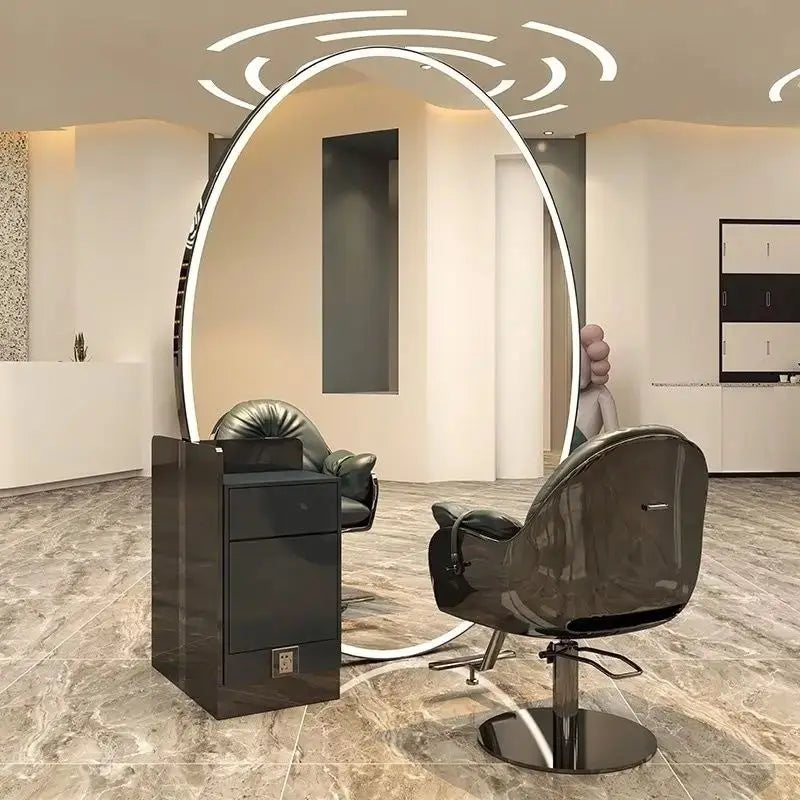 Barber Shop & Hair Salon Double-Sided Metal Salon Mirror Cabinet with Trendy Style Floor Light for Haircut and Perm/Dye Services