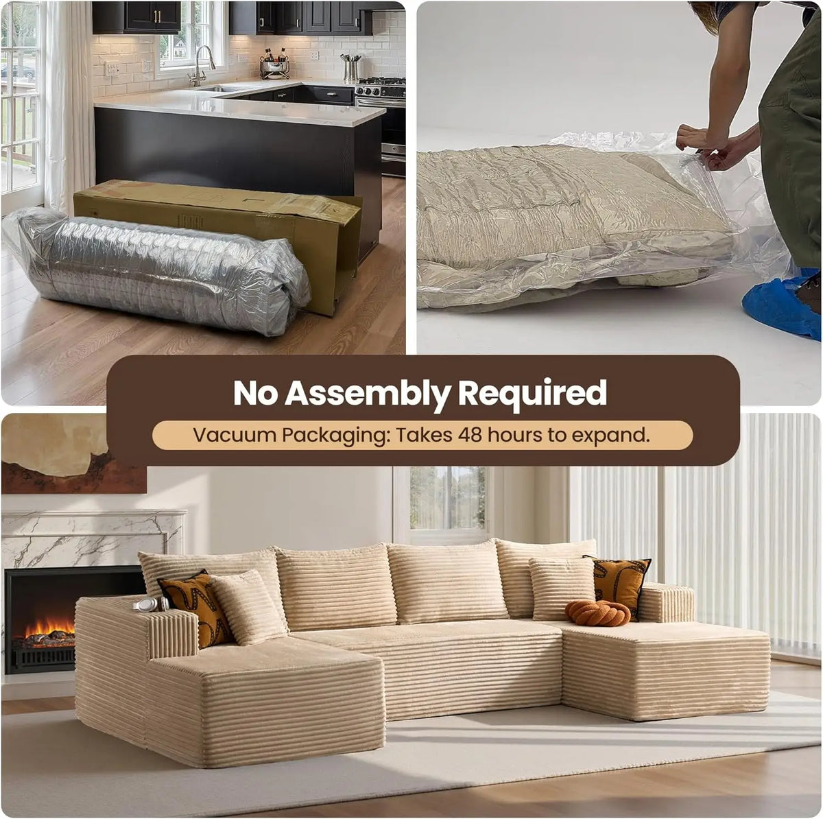 Factory Wholesale Modular U-Shape Cloud Sofa with Reversible Chaise, Vacuum Compressed & Boneless
