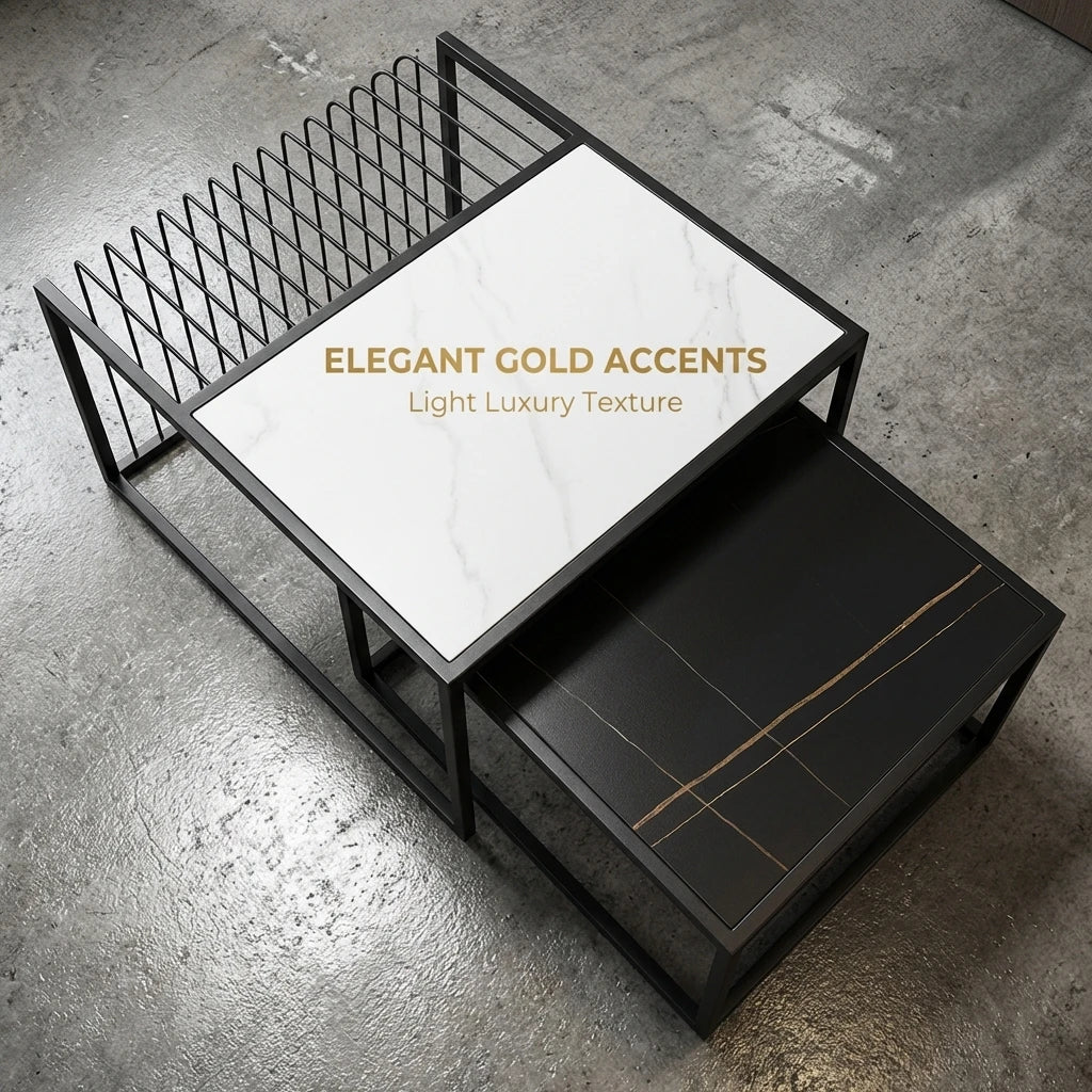 Modern Two-piece Design, Coffee Table, Metal Frame, Glossy Paint, Easy to Clean, Durable, Home Living Room Furniture