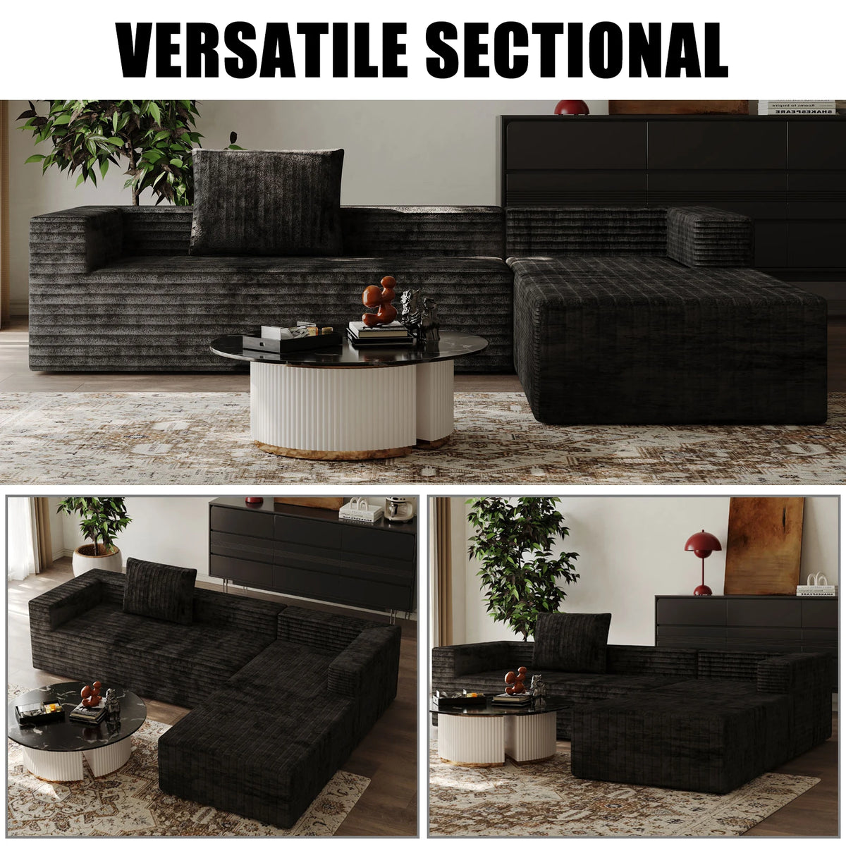 L-Shaped Boneless Modular Cloud Sofa, Plush Corduroy Modern Sectional, Deep Seat Upholstered Chaise No Assembly for Living Room