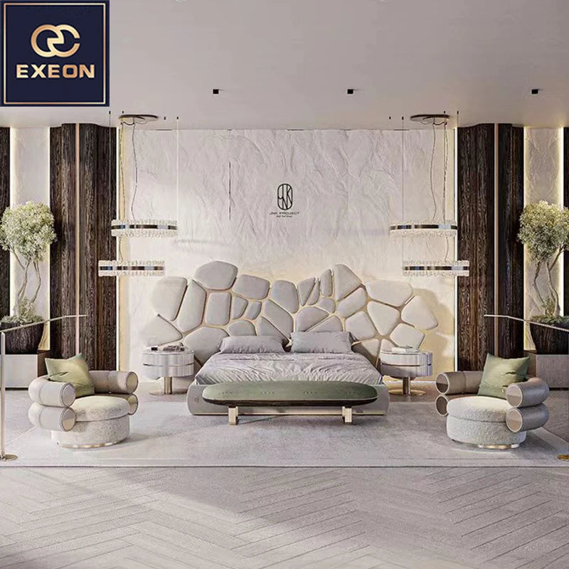Italian Luxury Leather Double Bed Modern Villa Master Bedroom Furniture Irregular Design of High-end Soft Bed