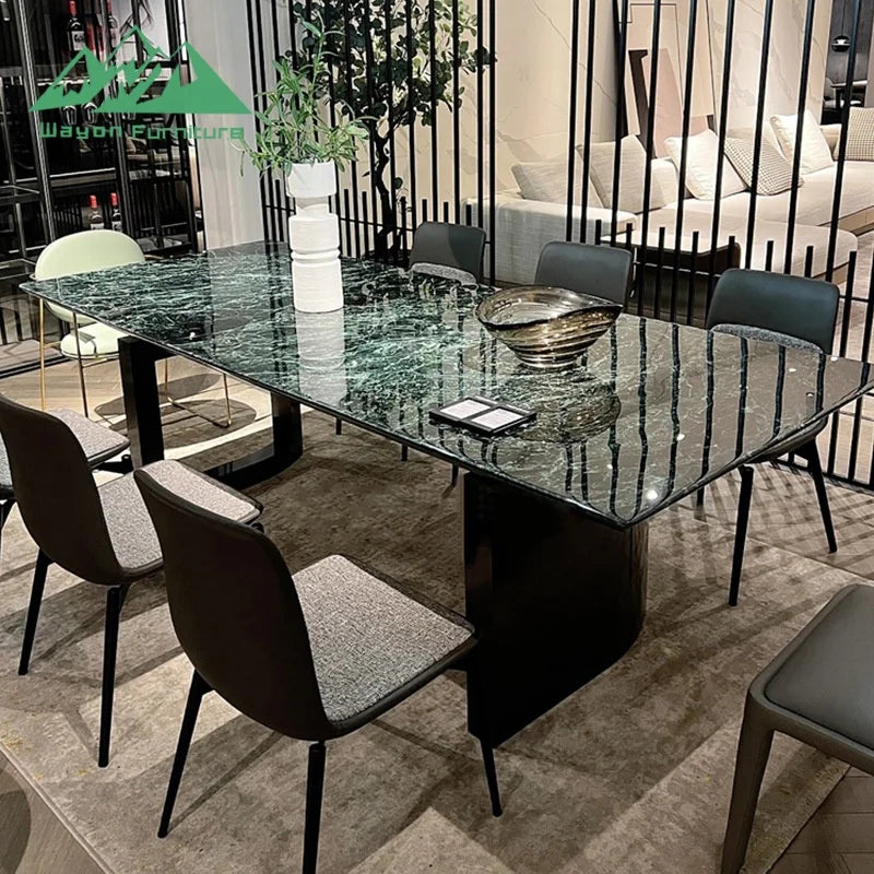 Wayon Luxury Green Sintered Stone Dining Table Set Glossy Faux Marble Top Black Pedestal Base Kitchen Furniture