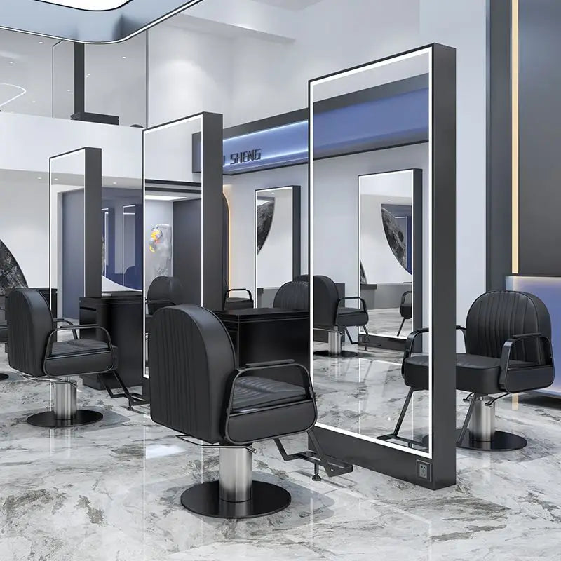 Barber Shop & Hair Salon Double-Sided Metal Salon Mirror Cabinet with Trendy Style Floor Light for Haircut and Perm/Dye Services
