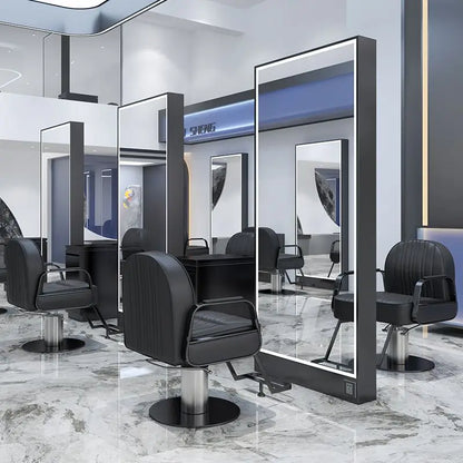 Barber Shop & Hair Salon Double-Sided Metal Salon Mirror Cabinet with Trendy Style Floor Light for Haircut and Perm/Dye Services