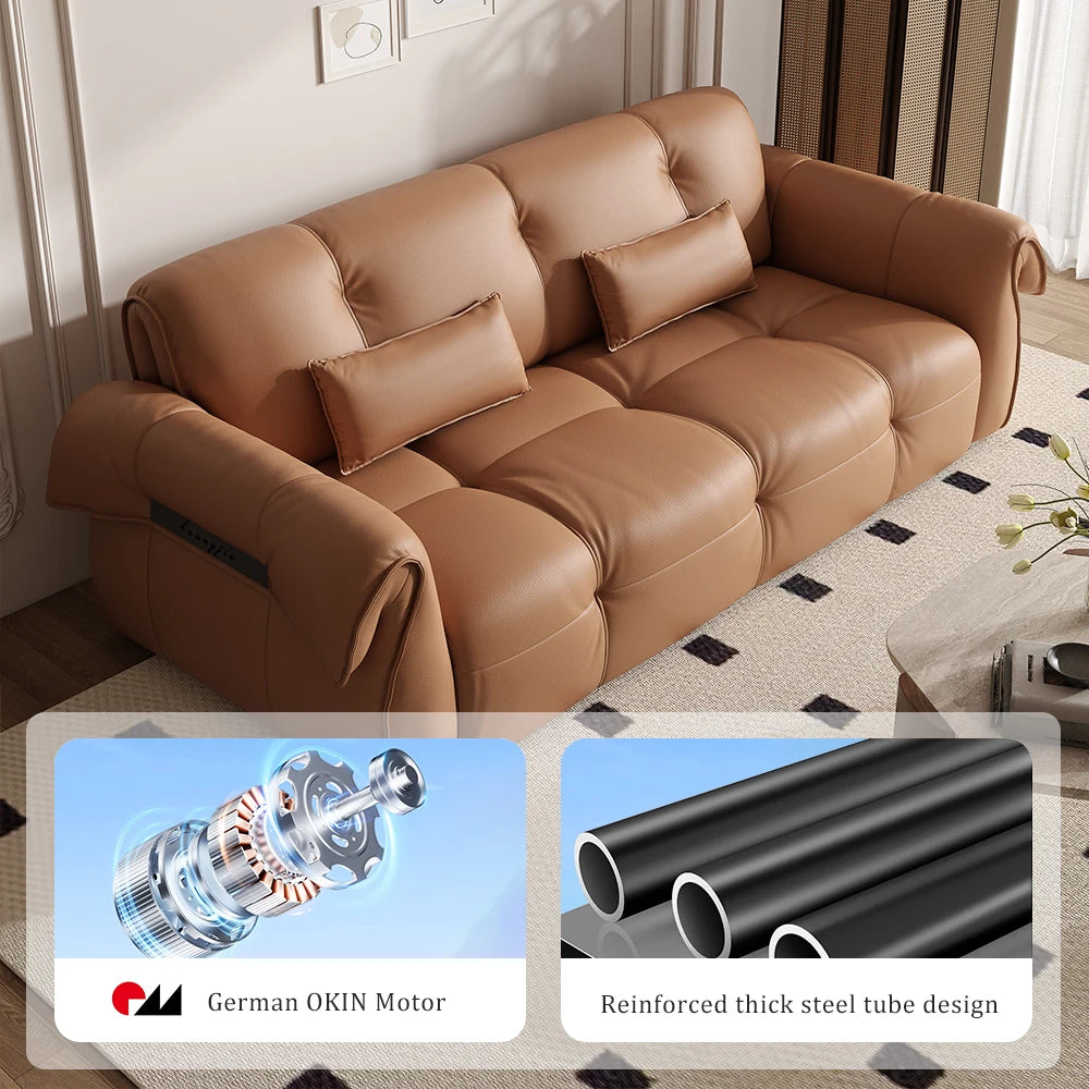 Fully Automatic Remote Control Electric Reclining Convertible Sofa Bed Genuine Leather L-Shape Solid Wood Frame Multifunctional