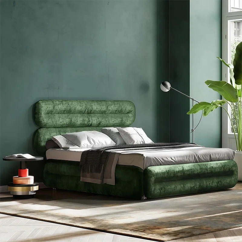Art Modern King Deluxe Bed Solid Wood Frame Metal Legs Blue Green Red Velvet Bedroom Furniture