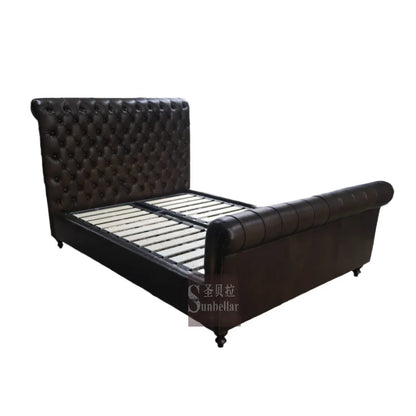 OEM ODM Antique Dark Brown Tufted Buttons Wing Back Headboard High Quality Luxury Bedroom Furniture Genuine Leather Queen Bed
