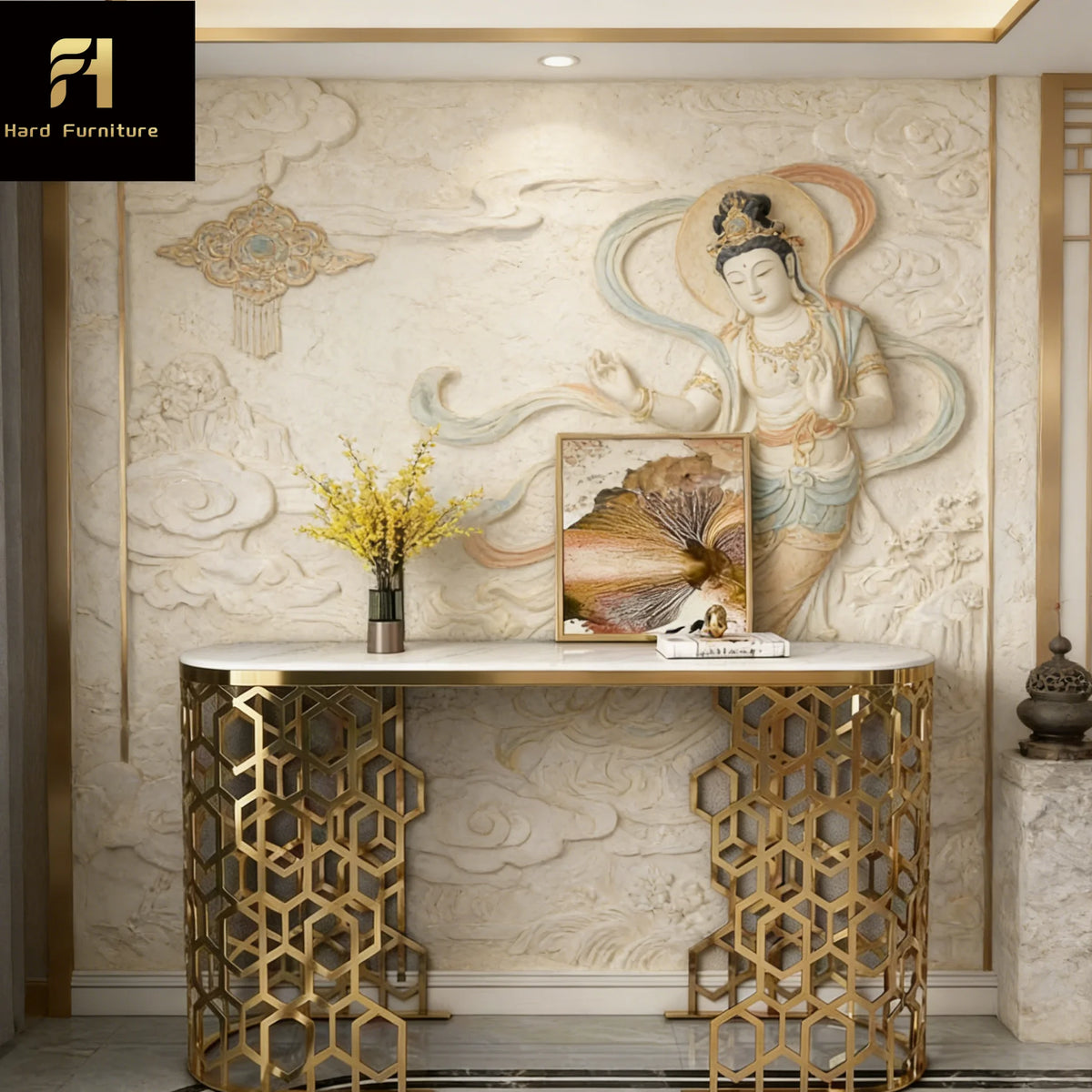 Modern White Oval Marble Console Table with Honeycomb Legs Hot Sale for Home Entryway Hallway Hotel Living Room Furniture