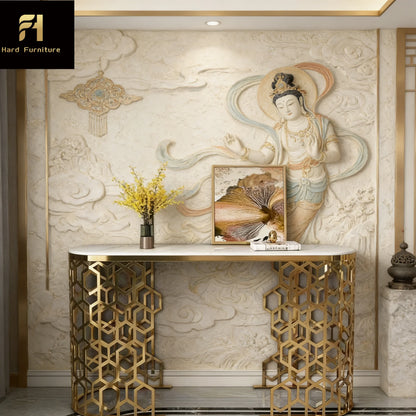 Modern White Oval Marble Console Table with Honeycomb Legs Hot Sale for Home Entryway Hallway Hotel Living Room Furniture