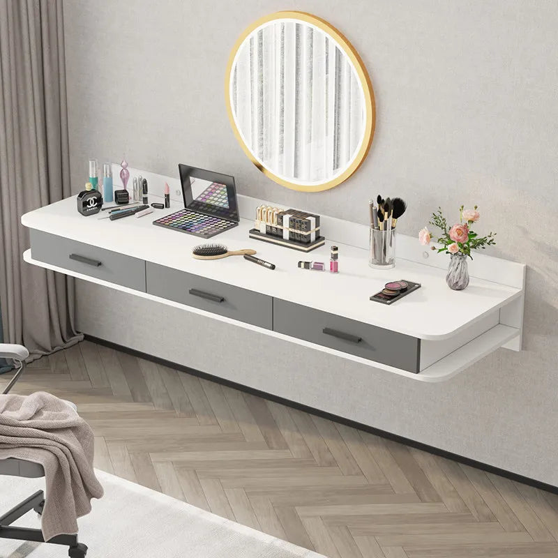 Hanging Wall-mounted Floating Bedroom Makeup Dressing Table Modern Simple Design Panel Rounded Corners Round Mirror Bedside Desk