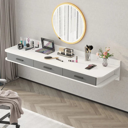 Hanging Wall-mounted Floating Bedroom Makeup Dressing Table Modern Simple Design Panel Rounded Corners Round Mirror Bedside Desk