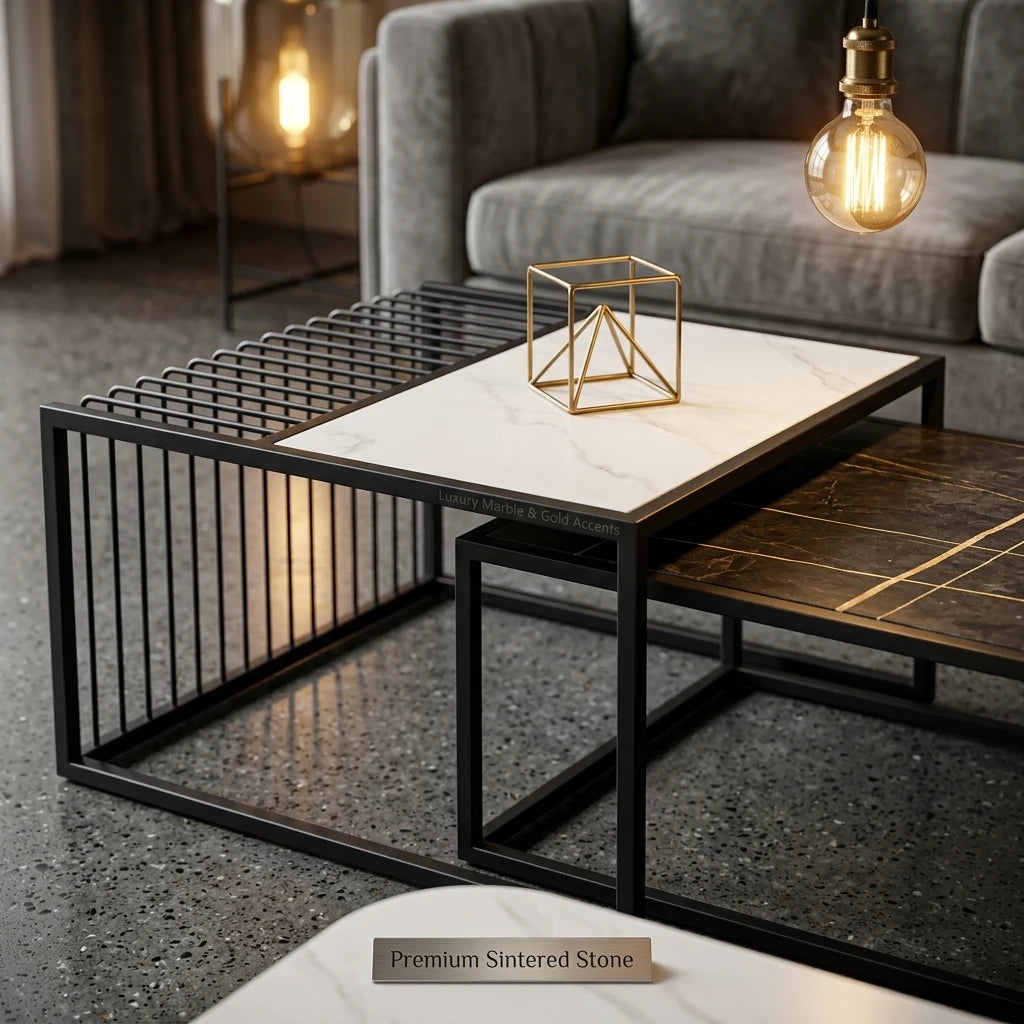 Modern Two-piece Design, Coffee Table, Metal Frame, Glossy Paint, Easy to Clean, Durable, Home Living Room Furniture