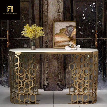 Modern White Oval Marble Console Table with Honeycomb Legs Hot Sale for Home Entryway Hallway Hotel Living Room Furniture