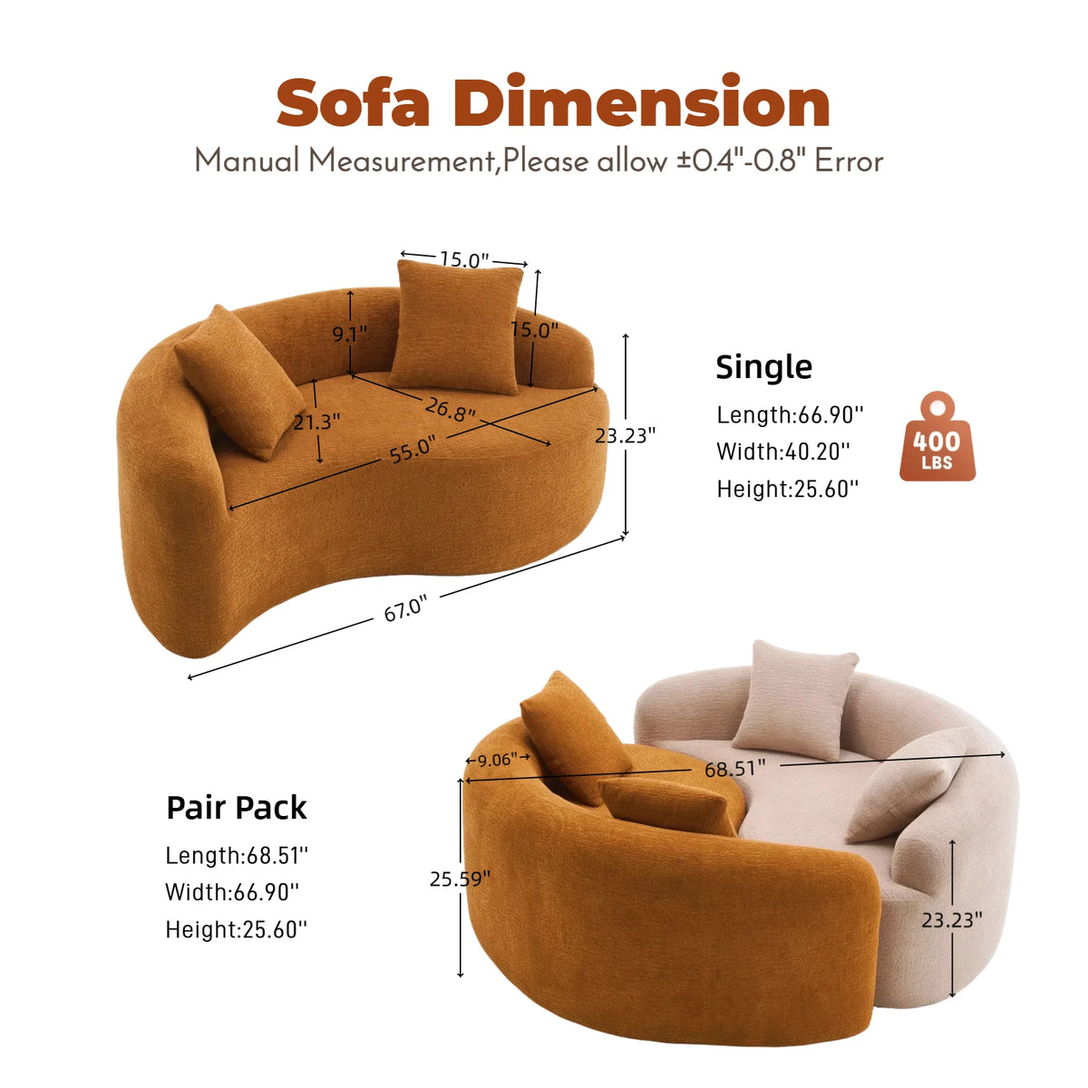 Full Compression Sponge Loveseat S-Curved Dual-Depth Sofa Orange Chenille Modular for Small Spaces & Meditation