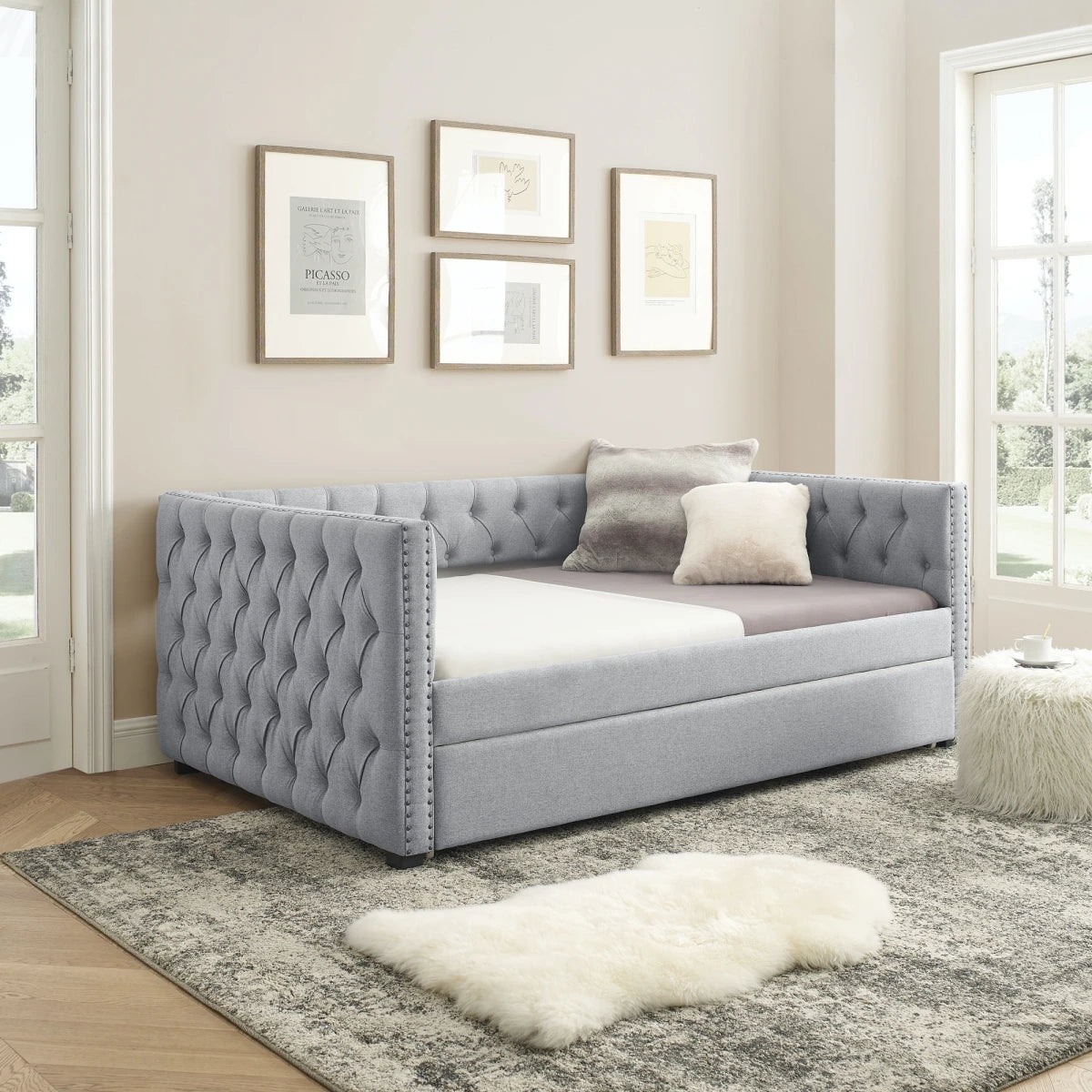 Daybed with Trundle Upholstered Tufted Sofa Bed With Button and Copper Nail on Square Arms Full Daybed and Twin Trundle