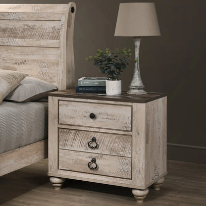 Imerland Contemporary White Wash Finish Bedroom 4 Piece Set With King Sleigh Bed Dresser Mirror and One Nightstand