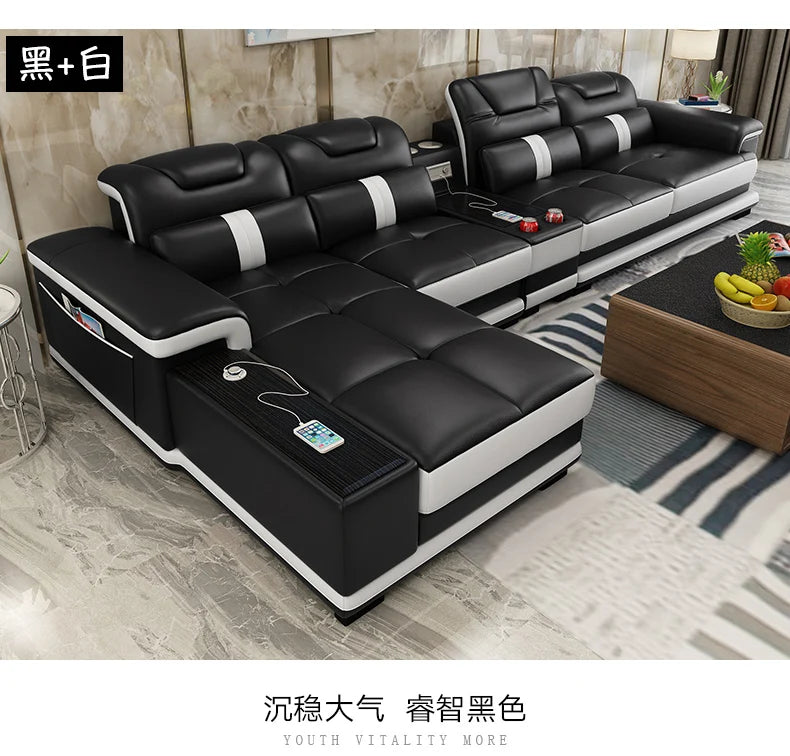 Linlamlim Modern Living Room Sofas L Shape Corner Italian Genuine Leather Couch with Speake,Radio,USB, Bluetooth, Cup Holder