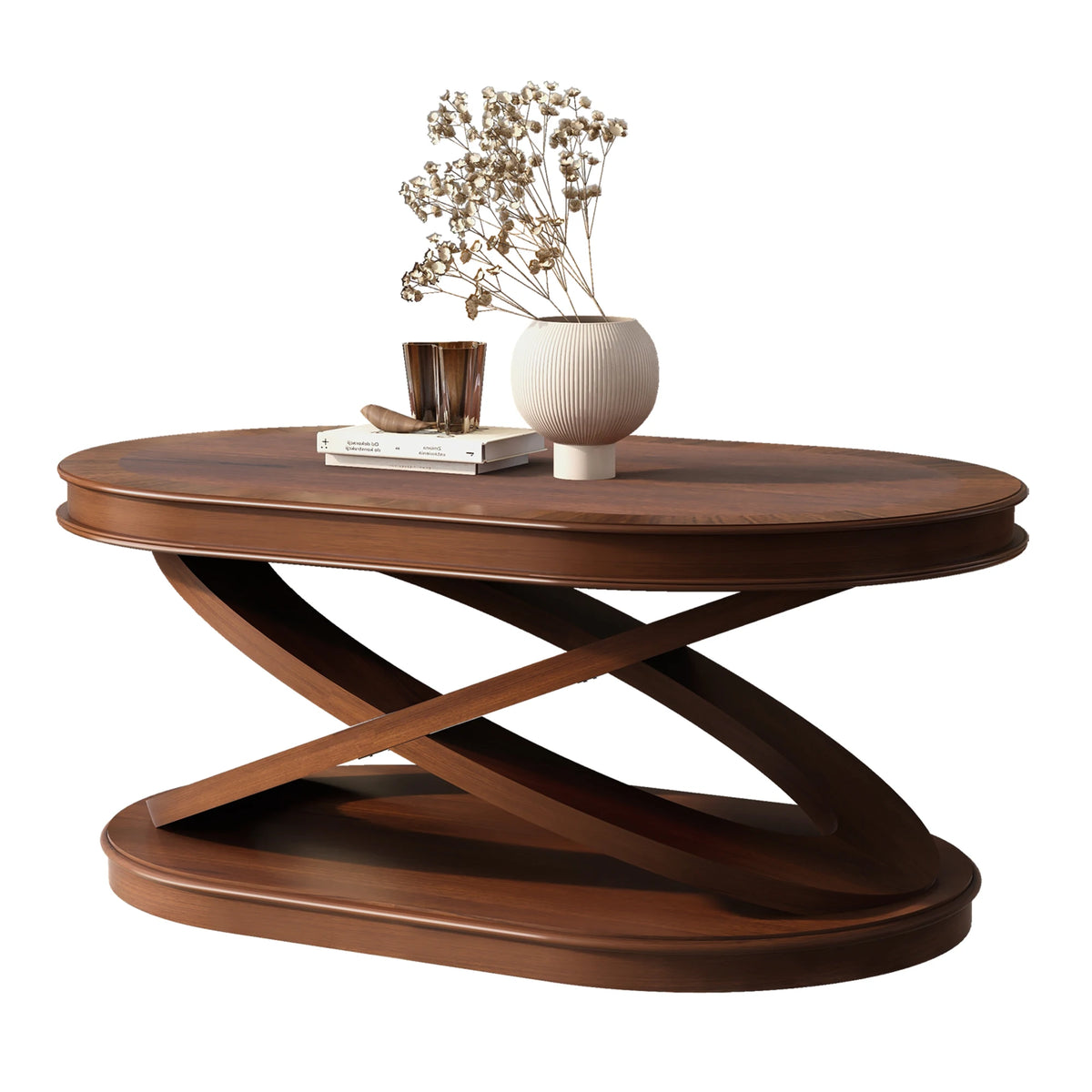 44 Inch Modern Wood Oval Coffee Table with X-Shaped Base Open Storage Sofa Center Table for Living Room Furniture