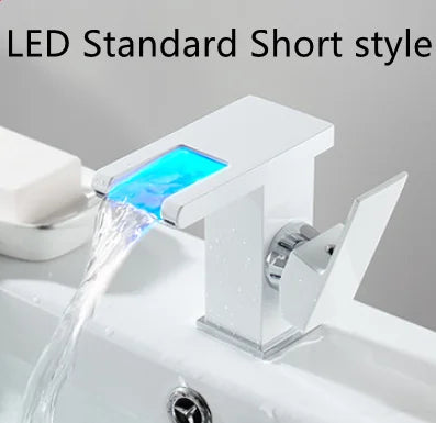 LED mixer tap for washbasin, outdoor decorator with luminous waterfall effect, colors changing according to temperature