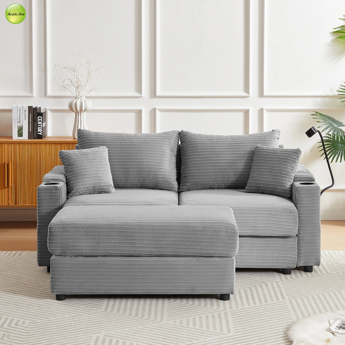 Modern Design 2 Seater Striped Velvet Multi-functional Upholstered Sofa with Ottoman for Living Room Use