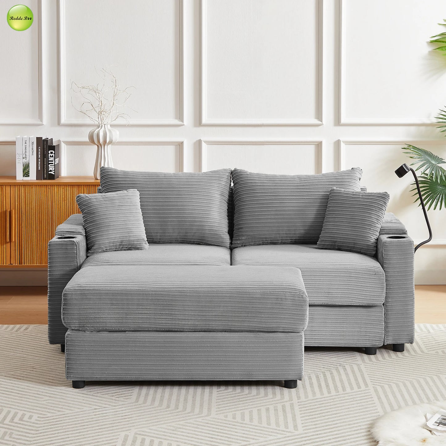 Modern Design 2 Seater Striped Velvet Multi-functional Upholstered Sofa with Ottoman for Living Room Use