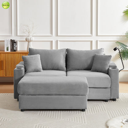 Modern Design 2 Seater Striped Velvet Multi-functional Upholstered Sofa with Ottoman for Living Room Use
