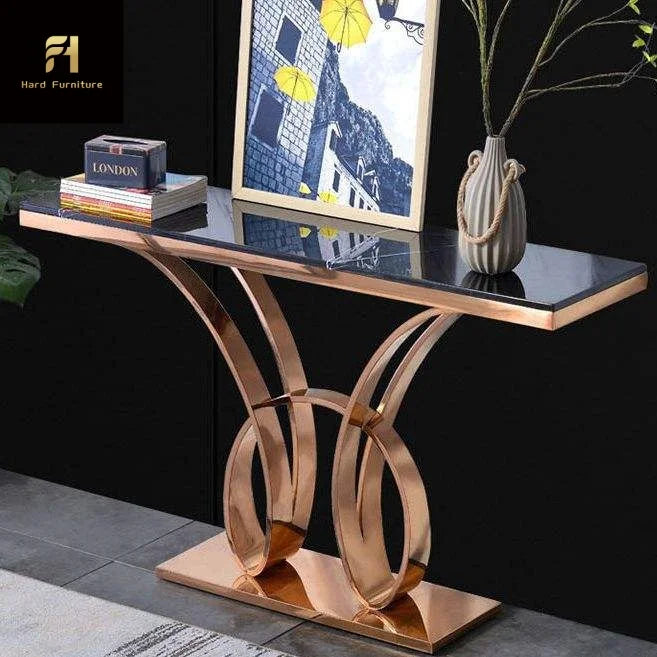 Contemporary Luxury Stainless Steel Console Table Titanium Gold Rose Gold Customized Modern Design for Hotel Entrance Furniture