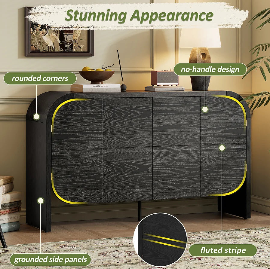 Modern Wood Sideboard Cabinet Curvy Edge 4 Doors Storage Adjustable Shelves Portable Living Room
