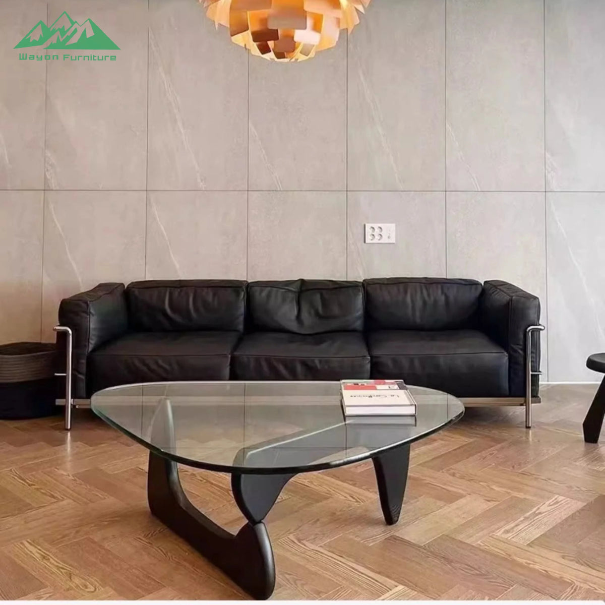 Wayon  Modern Black Leather Sofa Set Foam Filled with Silver Metal Frame 4-Seater for Living Room Luxury