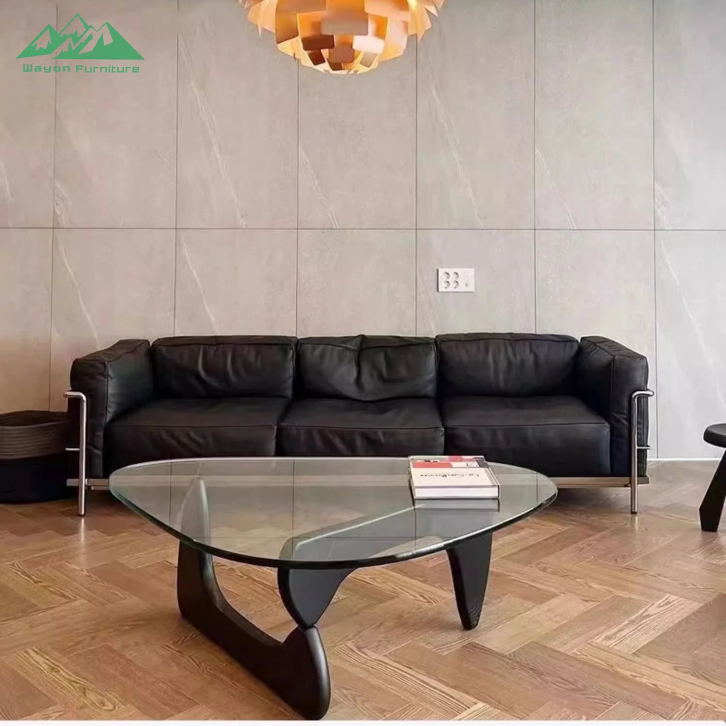 Wayon  Modern Black Leather Sofa Set Foam Filled with Silver Metal Frame 4-Seater for Living Room Luxury