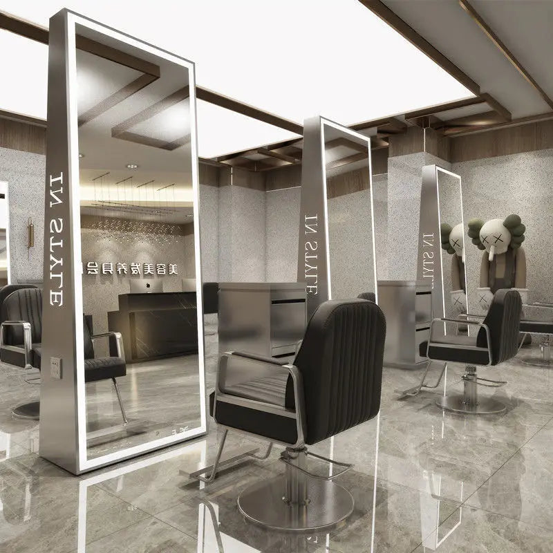 Barber Shop & Hair Salon Double-Sided Metal Salon Mirror Cabinet with Trendy Style Floor Light for Haircut and Perm/Dye Services