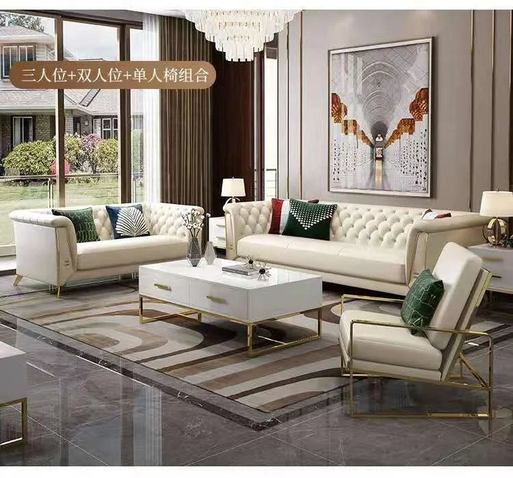 Modern Living Room Set Furniture Luxury White Leather Sofa Set Chesterfield Gold Stainless Steel Legs Sofa Set with Coffee Table