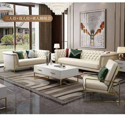 Modern Living Room Set Furniture Luxury White Leather Sofa Set Chesterfield Gold Stainless Steel Legs Sofa Set with Coffee Table