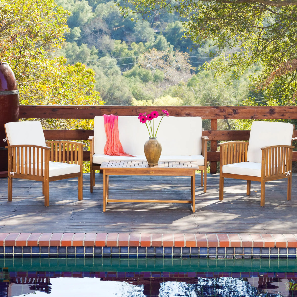 4-Piece Chat Collection Garden Set Natural Wood Outdoor Furniture with Water-Resistant Cushions for Courtyard Use