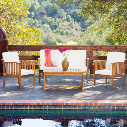 4-Piece Chat Collection Garden Set Natural Wood Outdoor Furniture with Water-Resistant Cushions for Courtyard Use