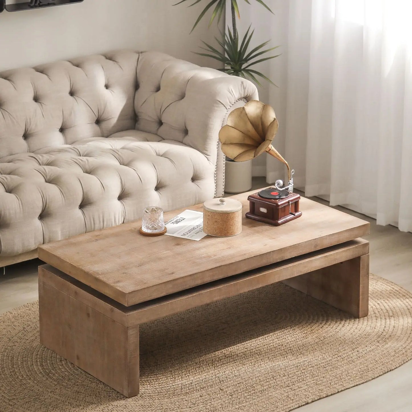 DB Natural Wood Living Room Table Versatile 2-Tiered Coffee Table with 47.6"L * 23.6"W * 16.3"H Durable Metal Material