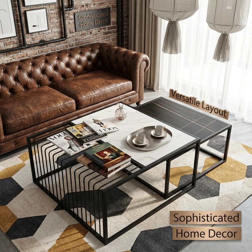 Modern Two-piece Design, Coffee Table, Metal Frame, Glossy Paint, Easy to Clean, Durable, Home Living Room Furniture