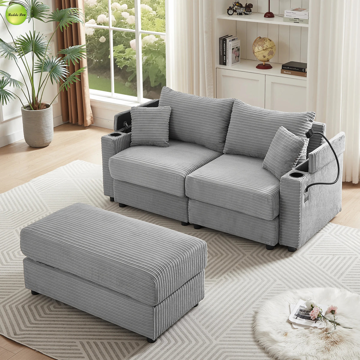 Modern Design 2 Seater Striped Velvet Multi-functional Upholstered Sofa with Ottoman for Living Room Use