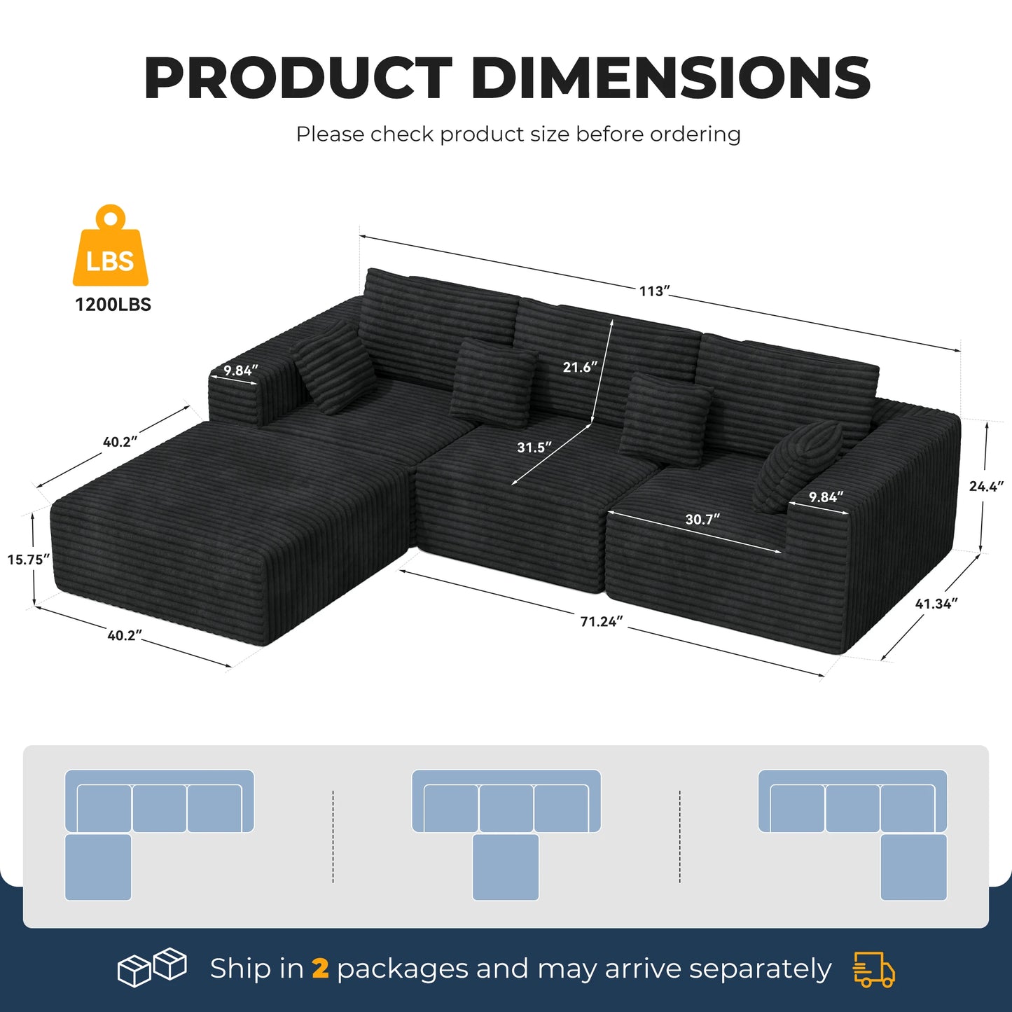 Modular Sectional Sofa Set Convertible L-Shaped Sofa Bed with Sponge Filled Cushions for Apartment & Mall Use Modern Design
