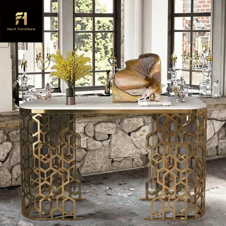 Modern White Oval Marble Console Table with Honeycomb Legs Hot Sale for Home Entryway Hallway Hotel Living Room Furniture