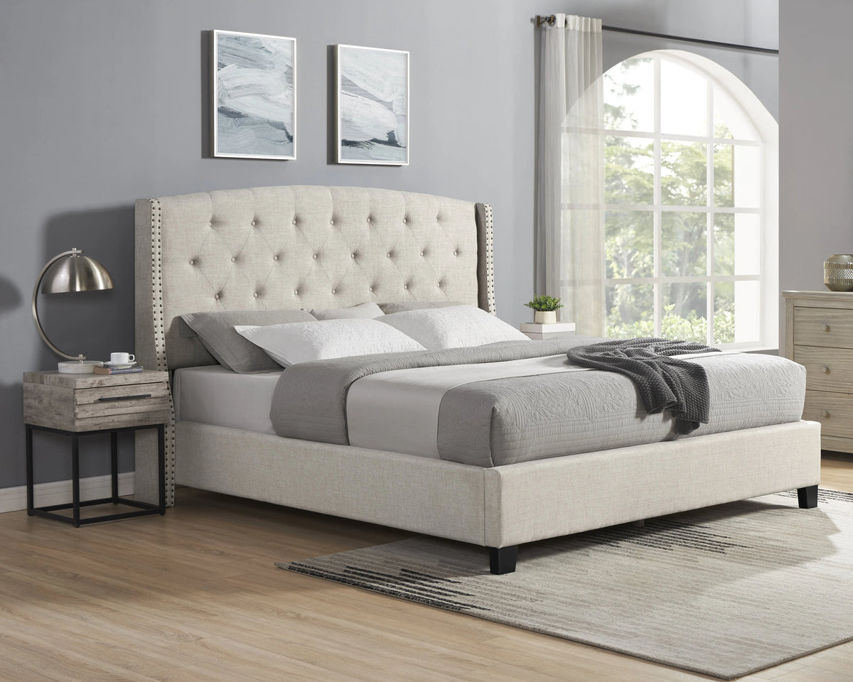 Astral 3-Piece Upholstered Bedroom Set Tufted Wingback Bed With Two Gray Nightstands - Queen Size