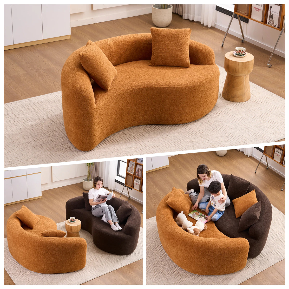 Full Compression Sponge Loveseat S-Curved Dual-Depth Sofa Orange Chenille Modular for Small Spaces & Meditation