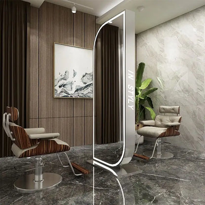 Barber Shop & Hair Salon Double-Sided Metal Salon Mirror Cabinet with Trendy Style Floor Light for Haircut and Perm/Dye Services