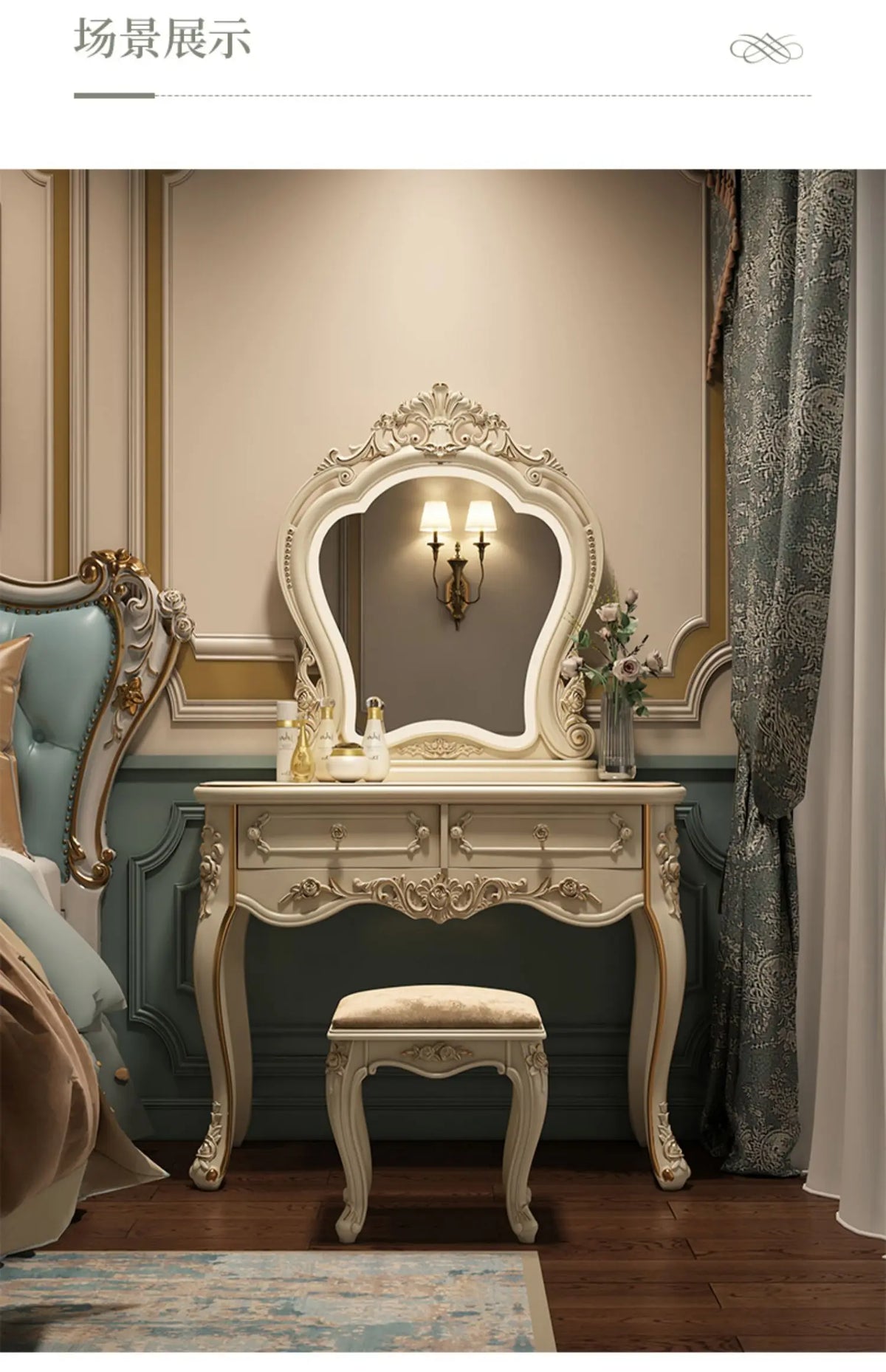 European Style Modern LED Cream White Dressing Table Girls' Makeup Table with Lighted Mirror Wood Panel Bedroom Furniture